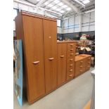 Alstons teak finished bedroom suite comprising double wardrobe, gentlemans' wardrobe with drawers to