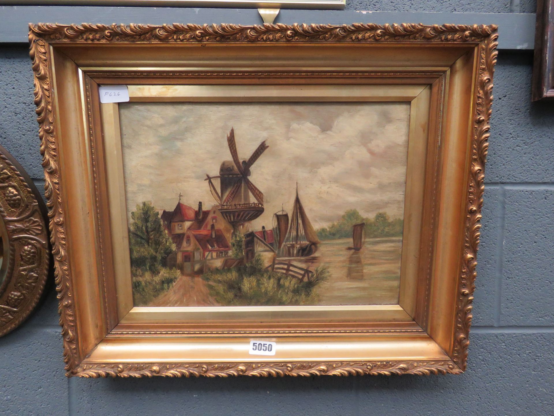 Oil on canvas; windmill and river