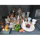 Cage containing ornamental Capodimonte style and other figures plus general crockery