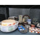 Cage containing coffee cups and saucers, quartz carriage clock, 2 ceramic bowls plus trinket boxes