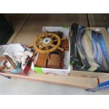 3 boxes containing fish patterned plate, various wooden boxes and cigarette dispensers plus
