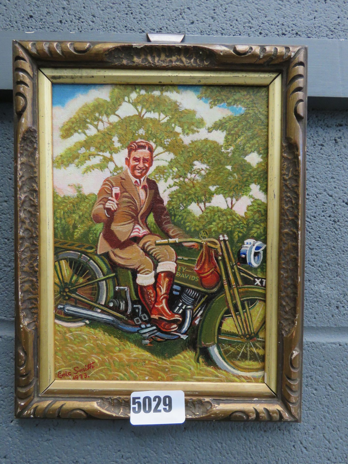 Oil on board; motorcyclist by Eric Smith 1973