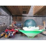 Cage containing Murano and other glass dishes and bowls plus bird figures