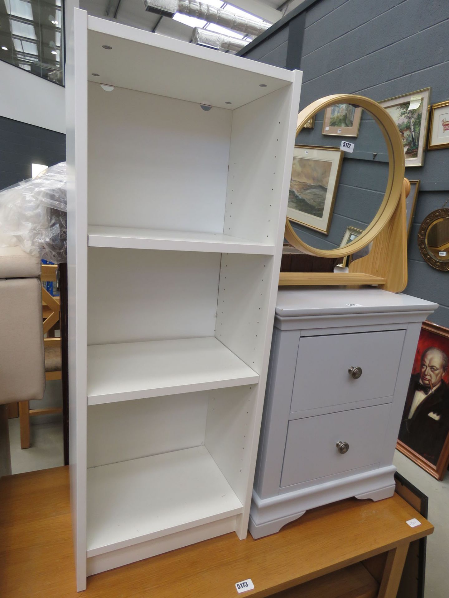 Blue painted 2 drawer bedside cabinet plus a white painted open bookcase