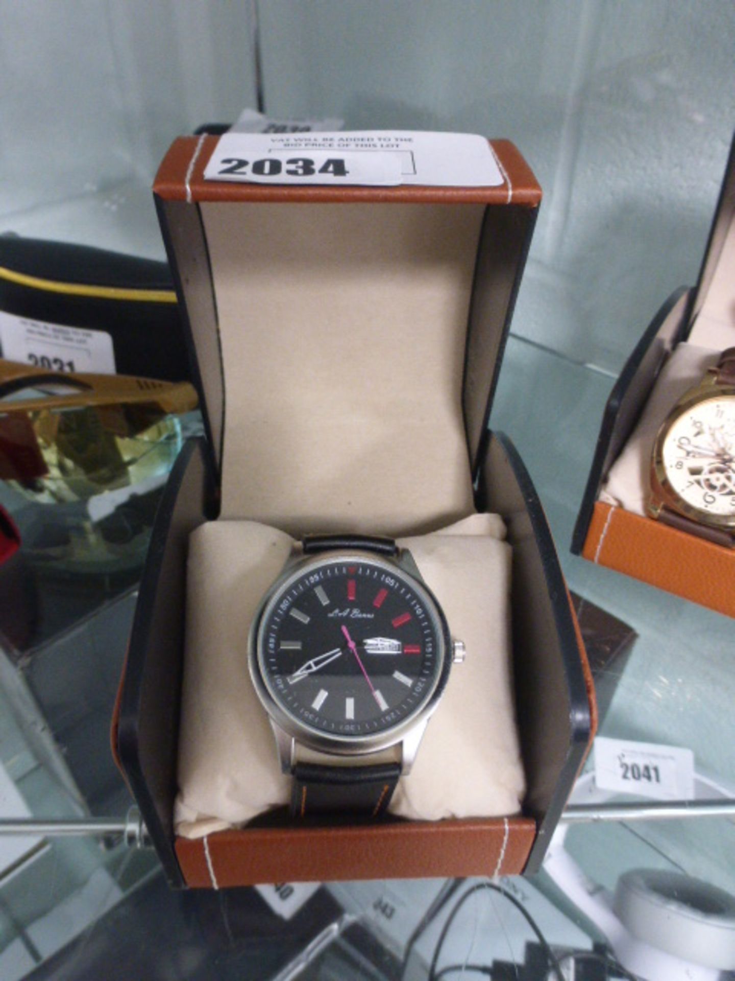 2268 - LA Banus stainless steel bezelled wristwatch with black leather strap and box