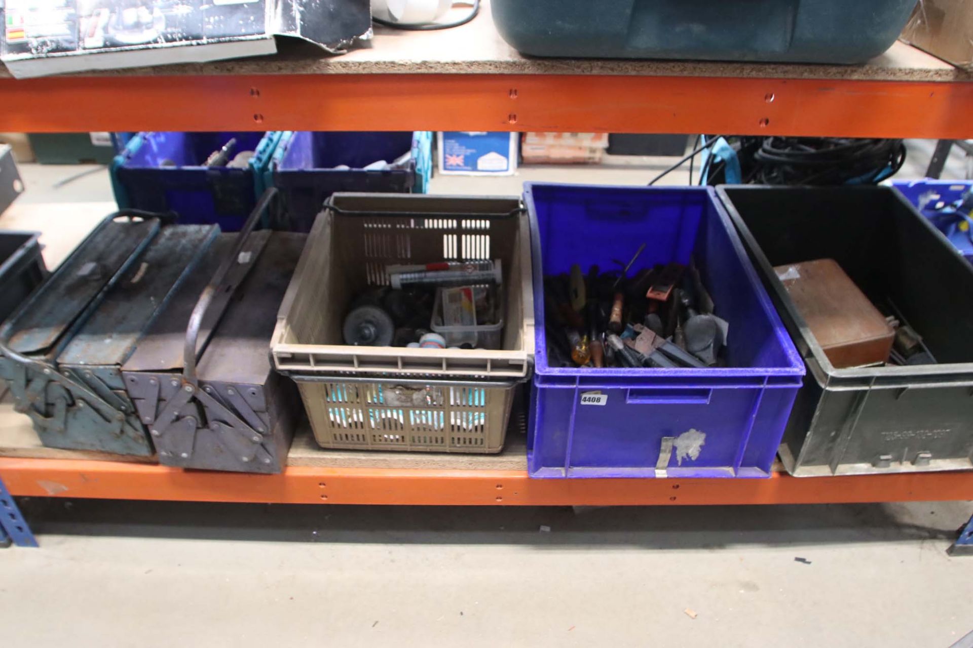 3 crates and 2 cantilever toolboxes containing large qty of tools to inc. screwdrivers, drills,