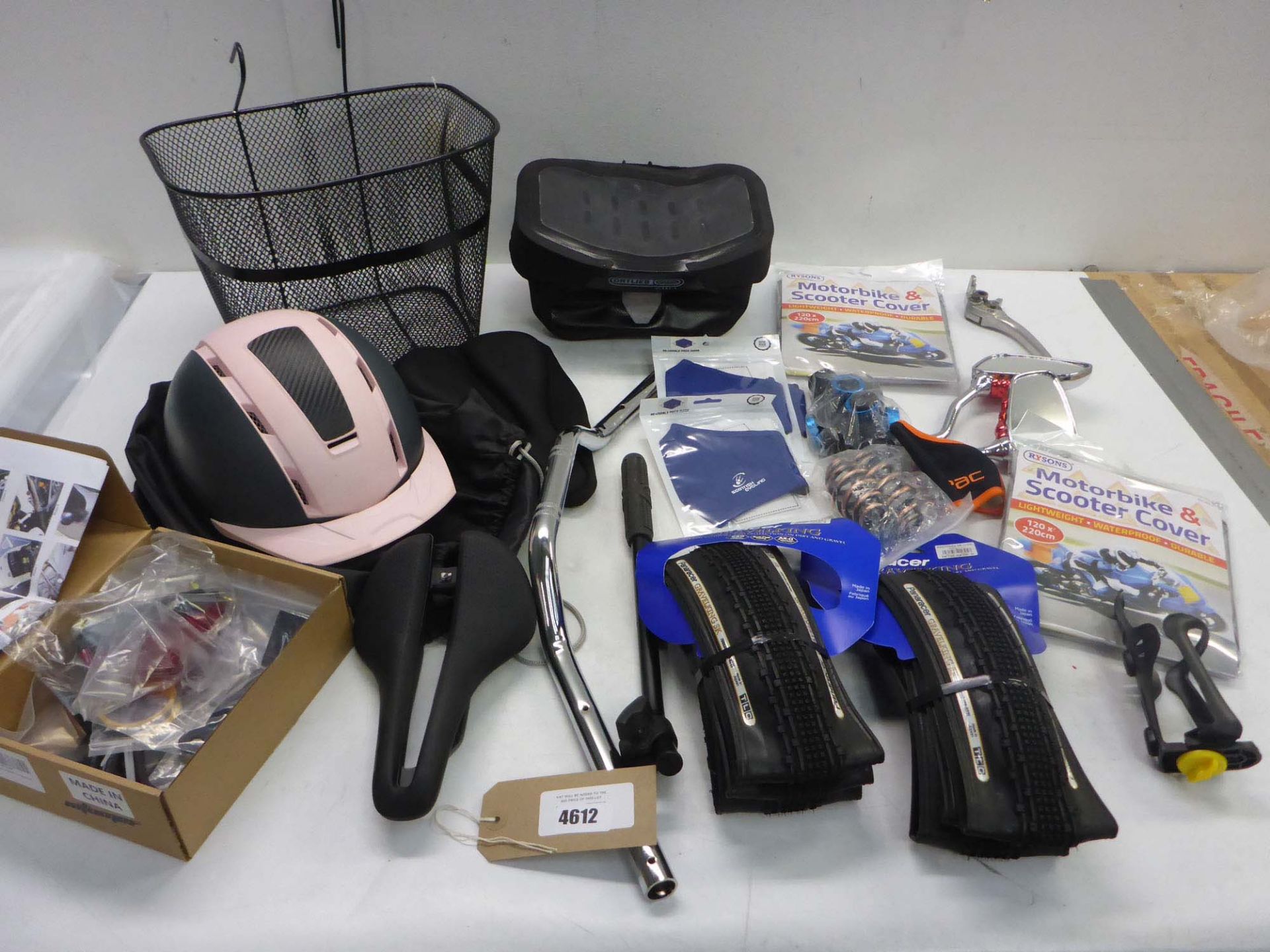 Bike accessories including Bontrager saddle, bike tyres, saddle bag & basket, handle bars, wing