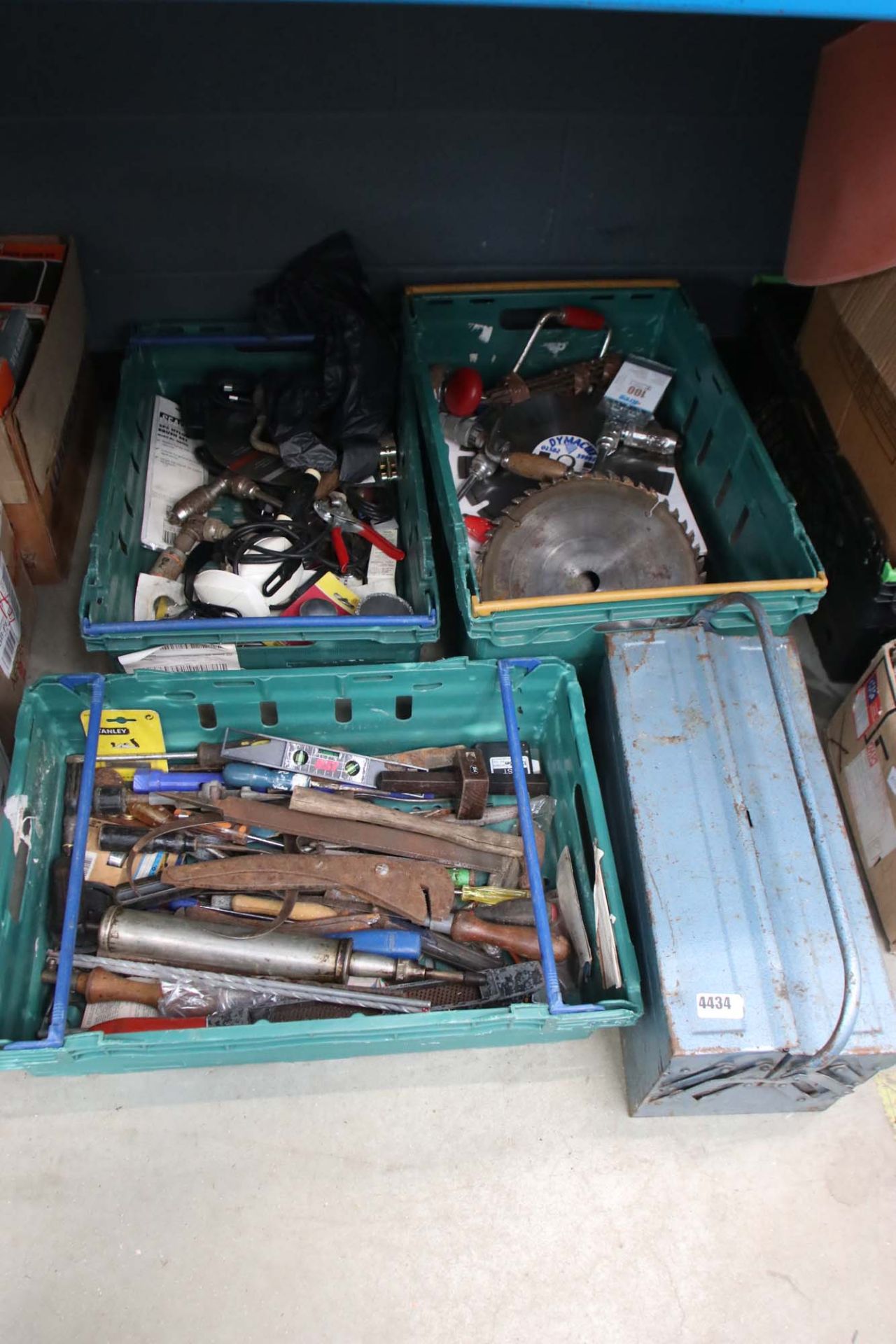 3 plastic crates and a cantilever toolbox containing various tools to inc. hand drills, spanners,