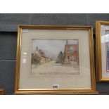 Framed and glazed watercolour of a street side scene entitled JK Turner