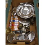 Single box of white metal ware inc. wine glasses, trays, place mats, collectable spoons etc