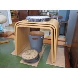 3 Assorted electrical clocks, a small bentwood bin by Henry Huang and a set of bentwood nest of 3