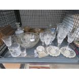 Small cage of cut glass wine glasses, bowls, small decanters etc