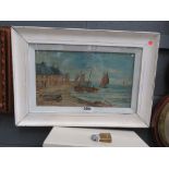 Framed and glazed painting of boats in harbour