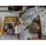 2 boxes of assorted items inc. wooden boxes, hip flasks, dice games, puppets, cameras, glass