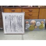 Contemporary wall hanging of domed metal figures and 2 contemporary design canvasses