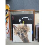 3 assorted pictures to inc. Llamas, abstract painting and a pair of rabbits