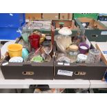 2 boxes of assorted items inc. large glass vases, lidded rummy pots, metal tankards, studio