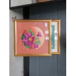 2 gilt framed embroideries of flowers