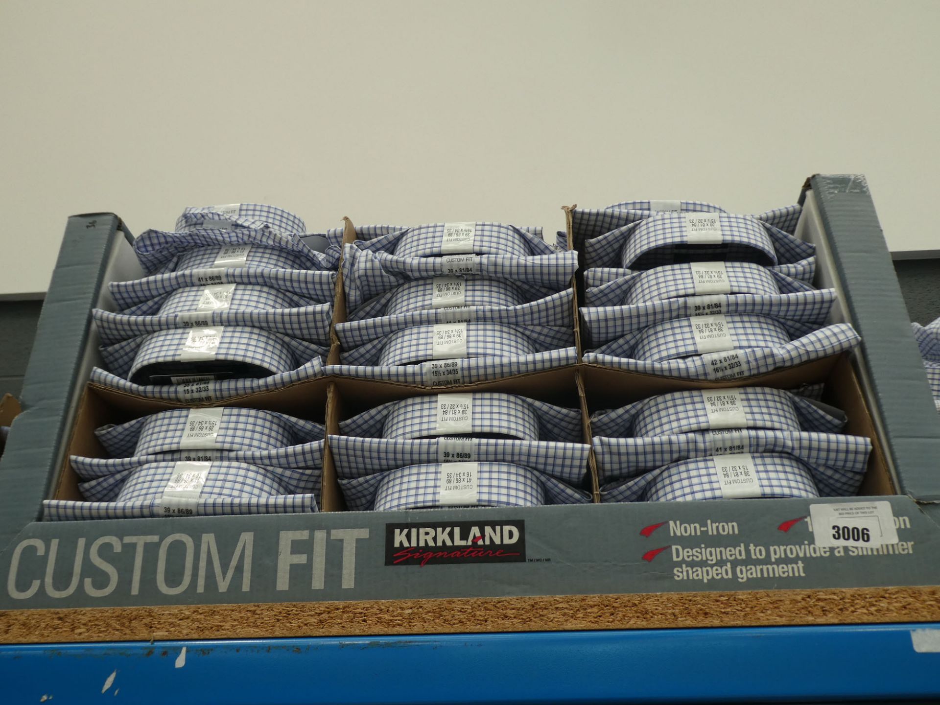 Approx. 35 Kirkland shirts, boxed white with blue and black trolley, various sizes