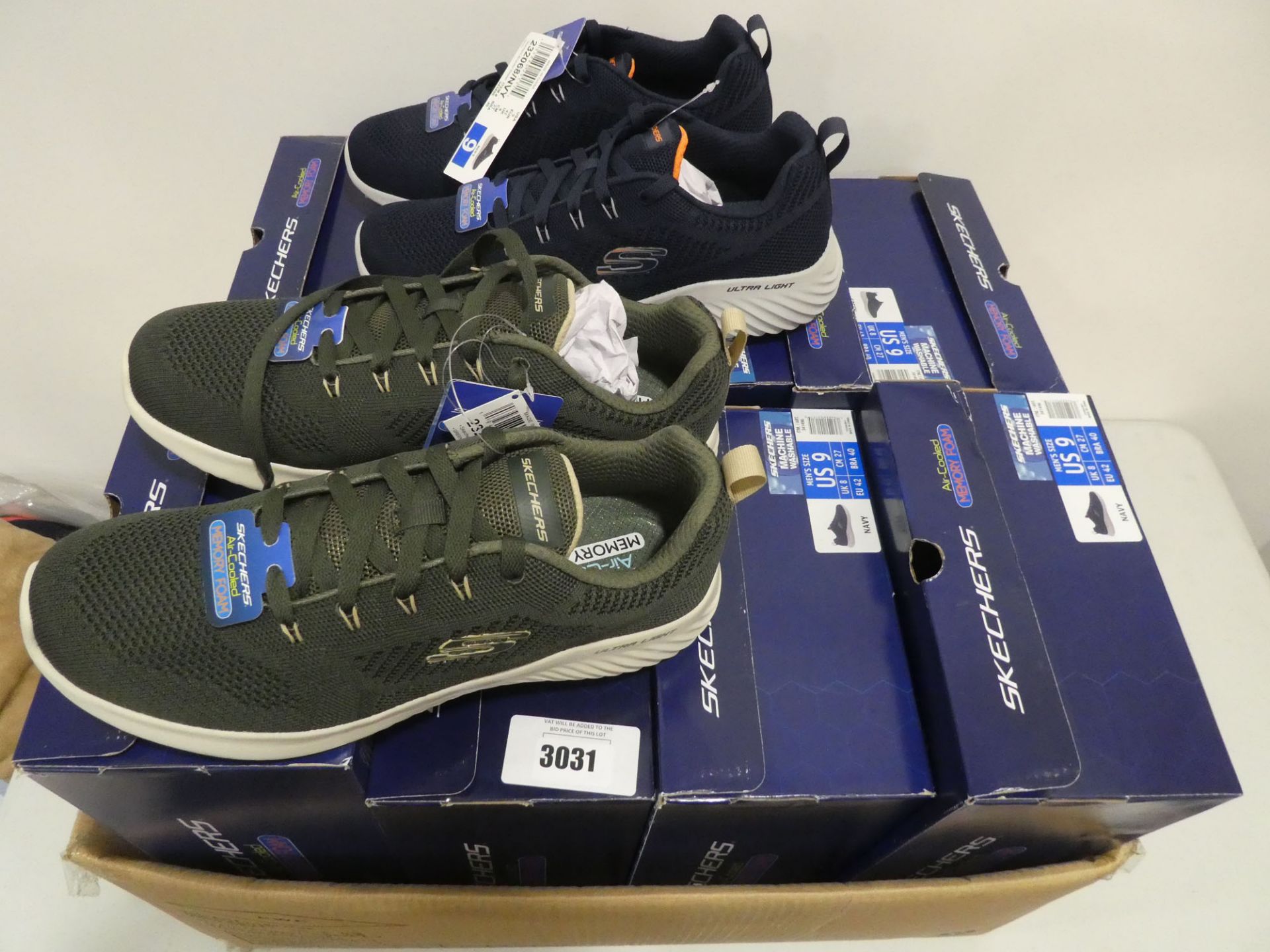 Box containing 8 pairs of Sketchers Air Cooled memory foam trainers in mens sizes primarily UK 8