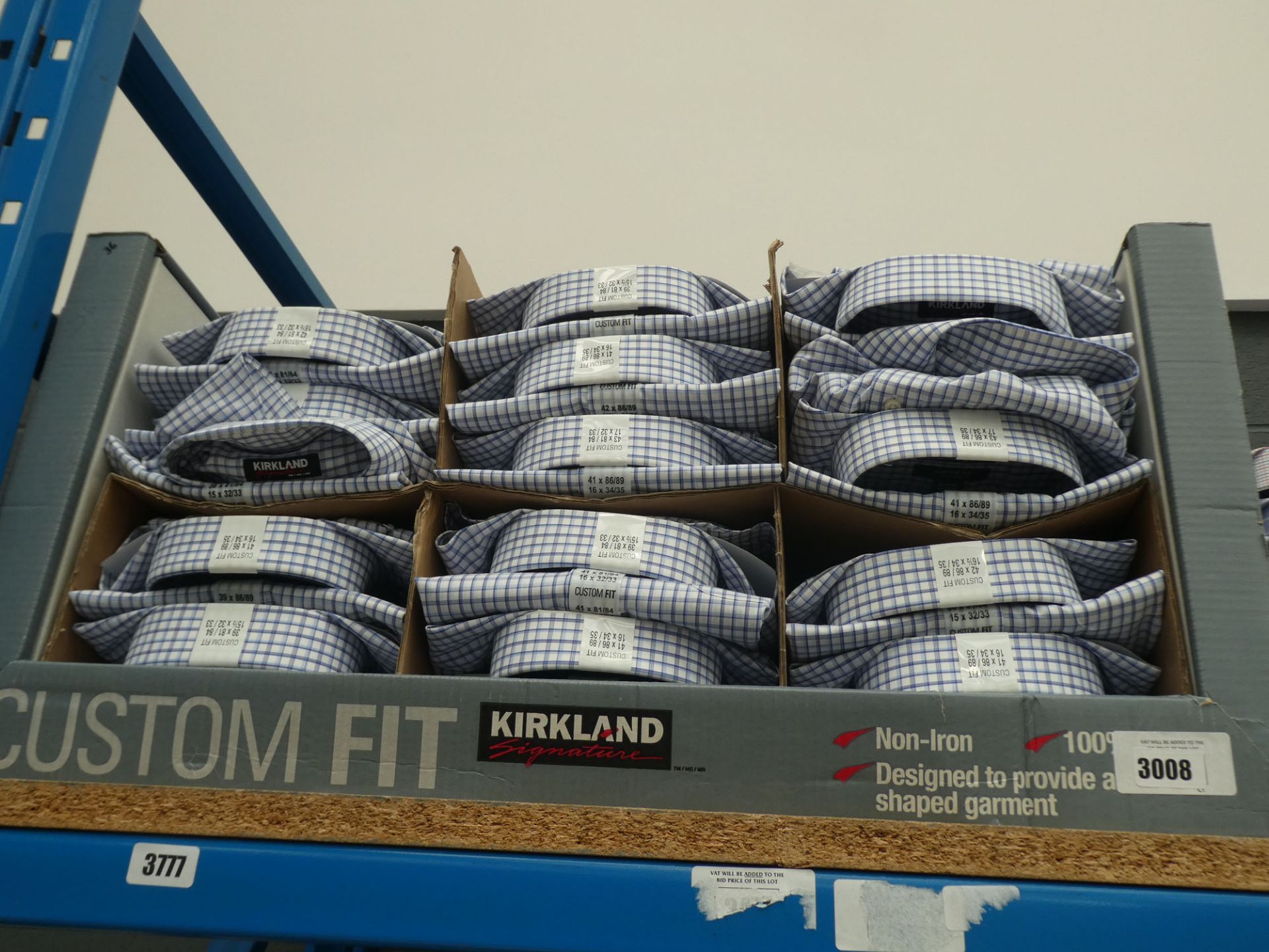 Box of Approx. 35 Kirkland shirts, various sizes, white with blue and black check