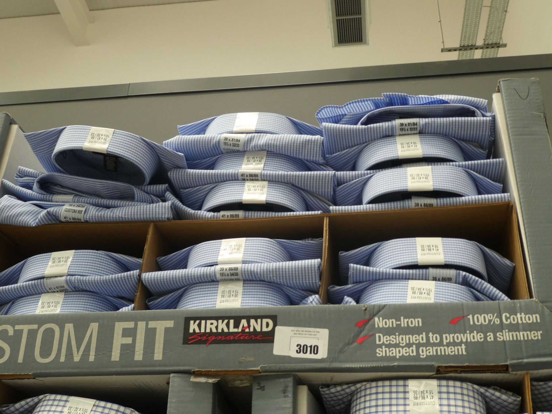 Box of Kirkland shirts, white with blue check, various sizes