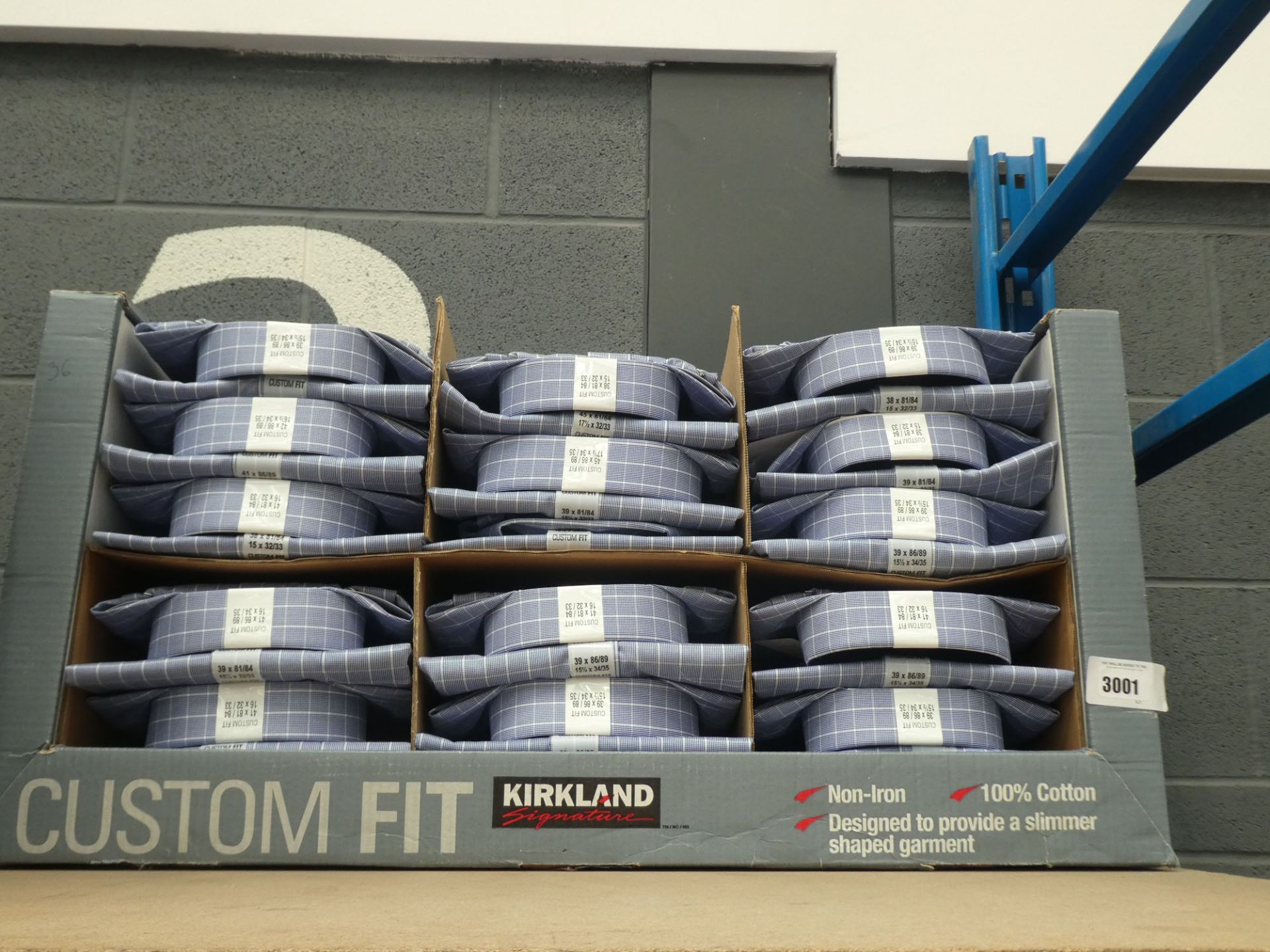 Approx.35 blue check Kirkland shirts, boxed, various sizes
