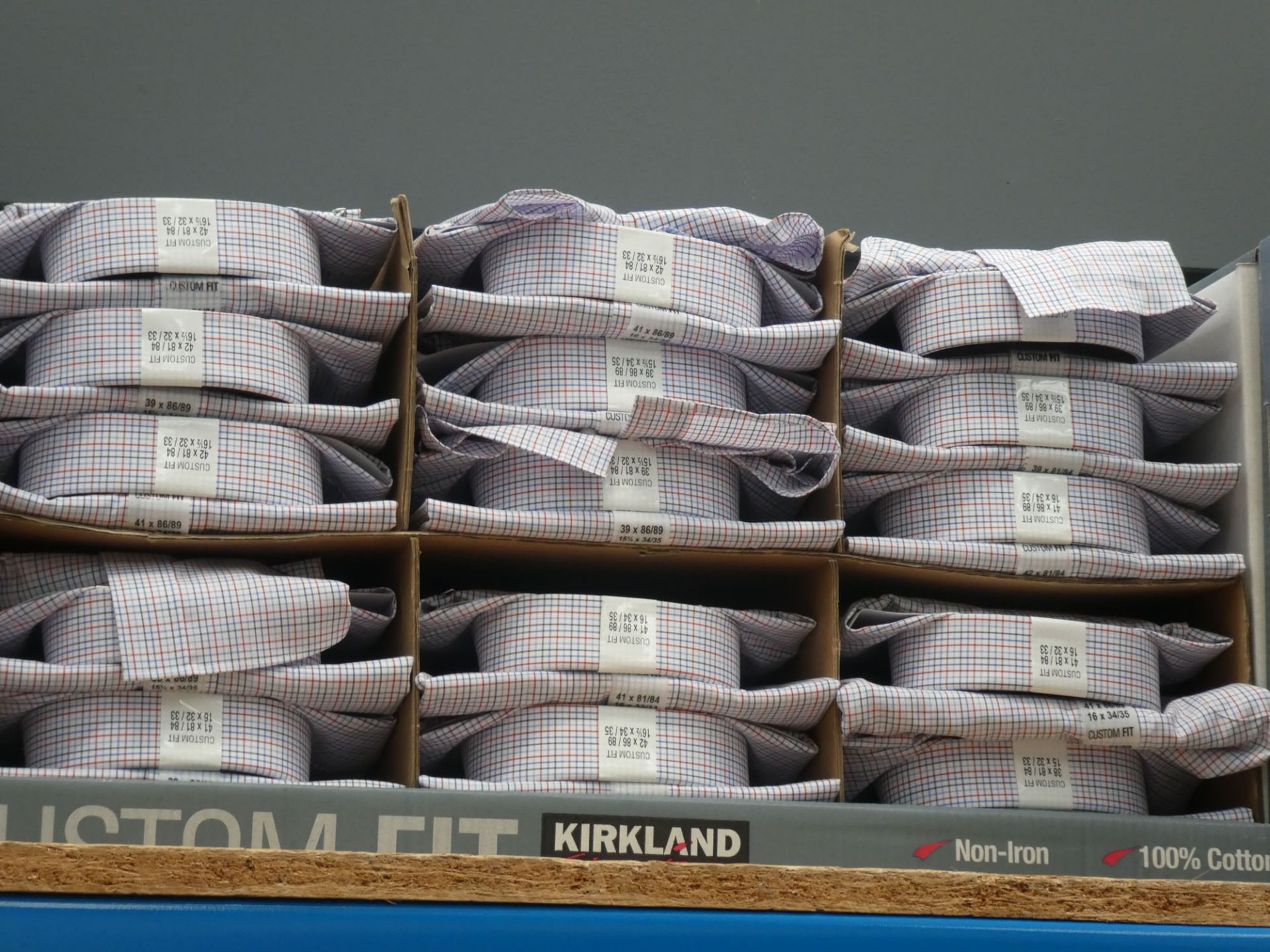 Box of approx 35 Kirkland shirts in box, various sizes, white with various colour checks, red, blue,