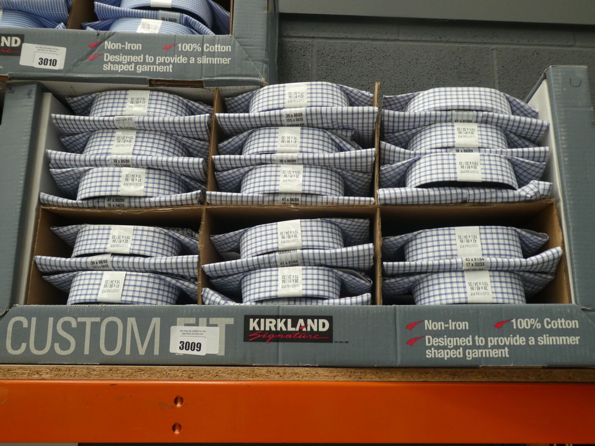 Box of Approx. 35 Kirkland shirts, various sizes, white with blue and black check