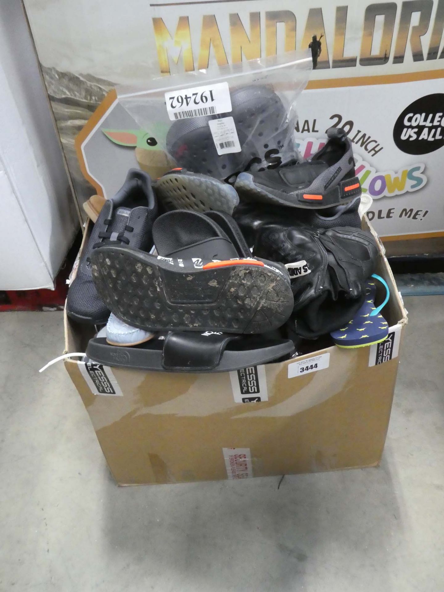 Box containing mixed used and odd shoes ot inc. Adidas, North Face, etc