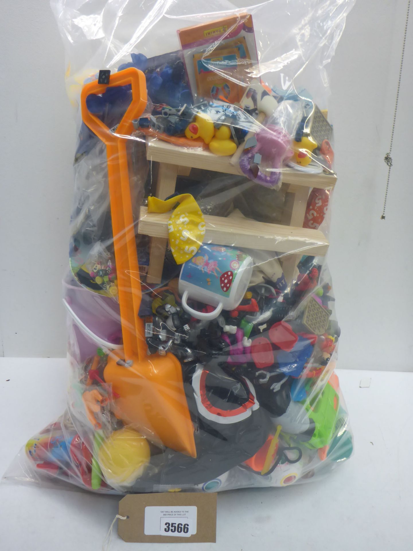 Large bag of novelty toys, wooden & plastic toys, building blocks, action figures etc