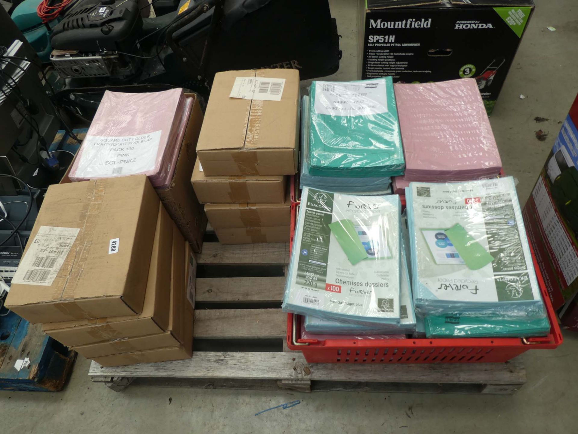 Pallet containing coloured folders