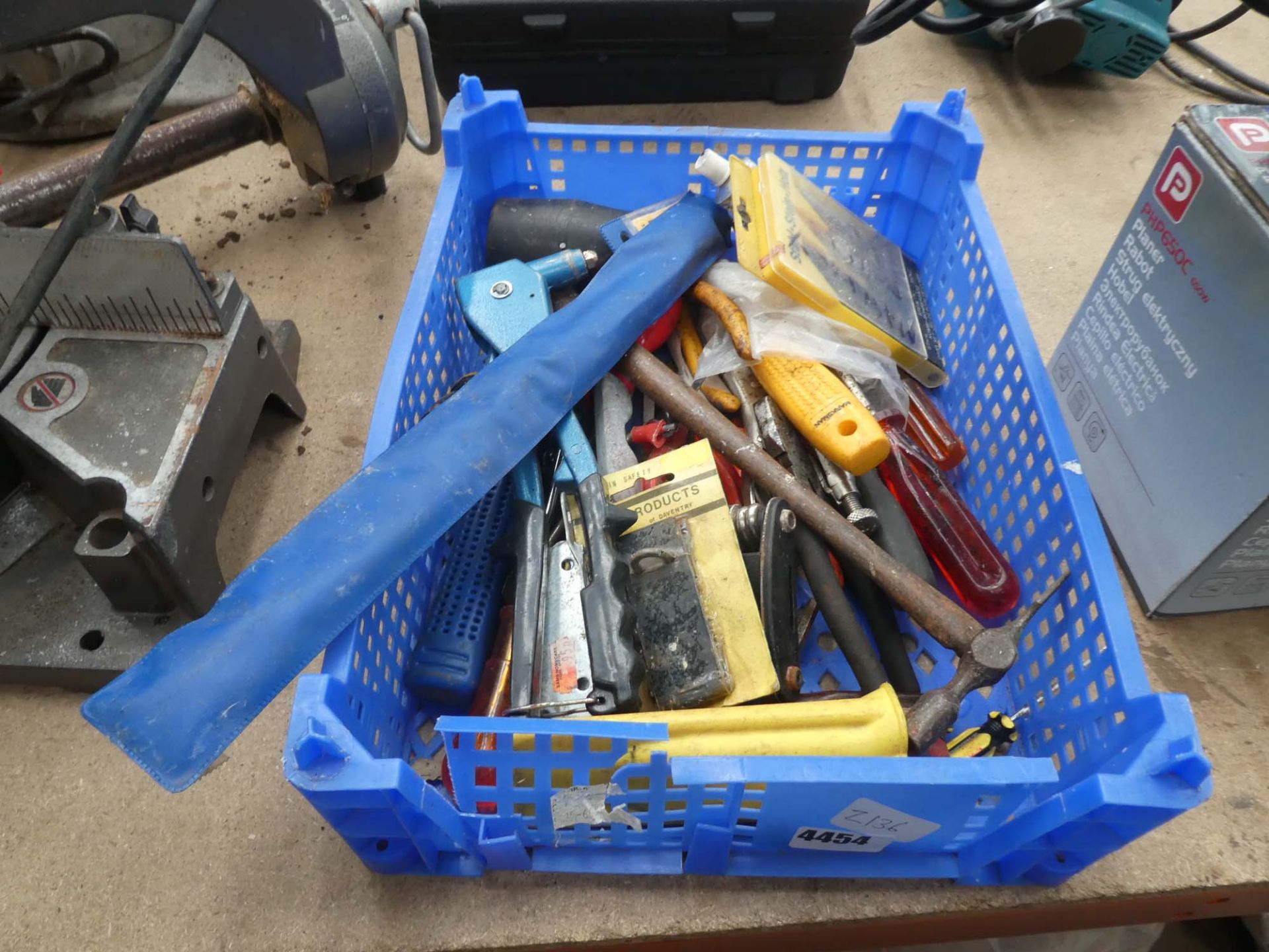 Small crate of tools to inc. drill bits, screwdrivers, hammers, etc