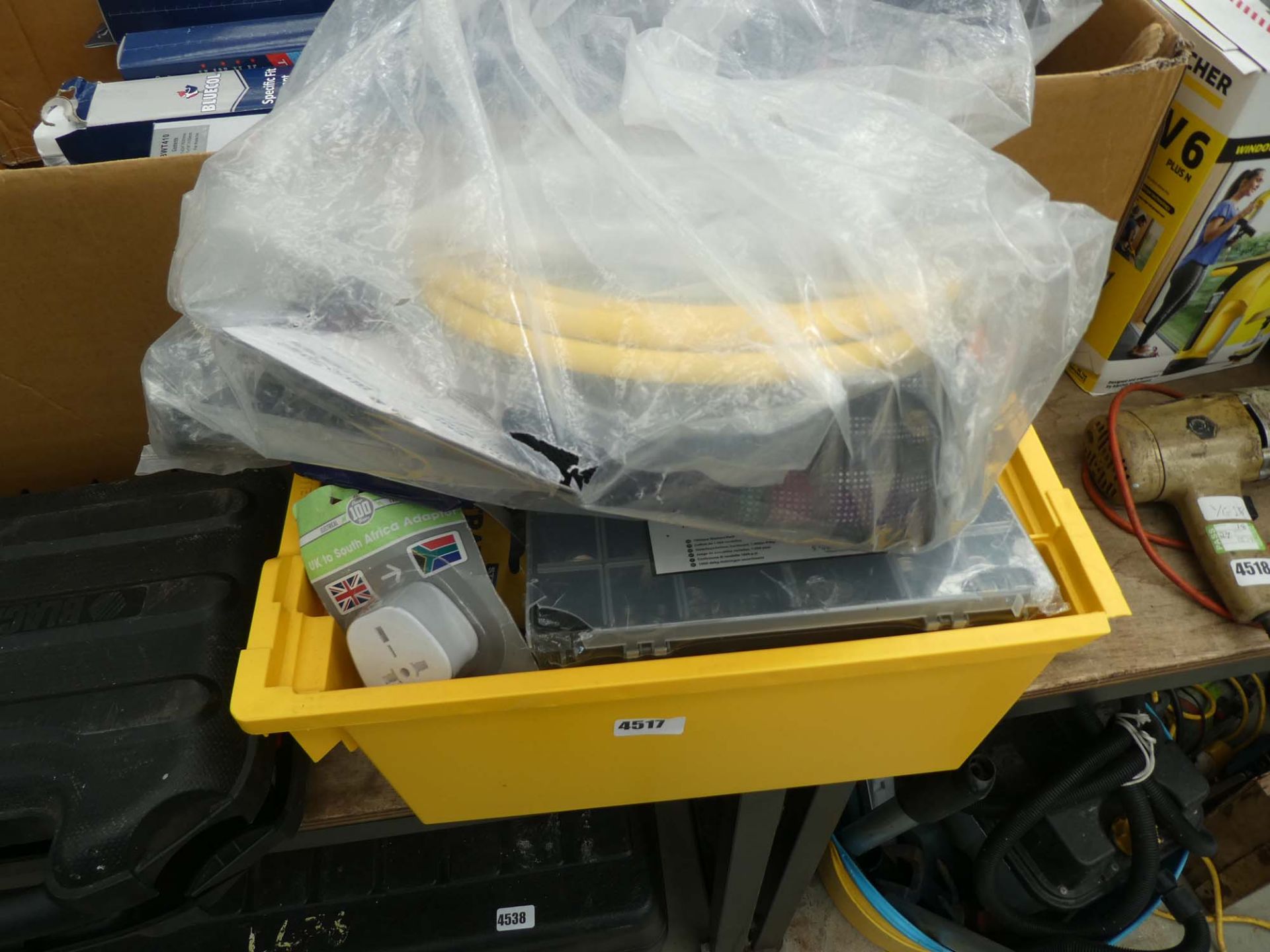 Box containing washers, switches, wire brushes, etc