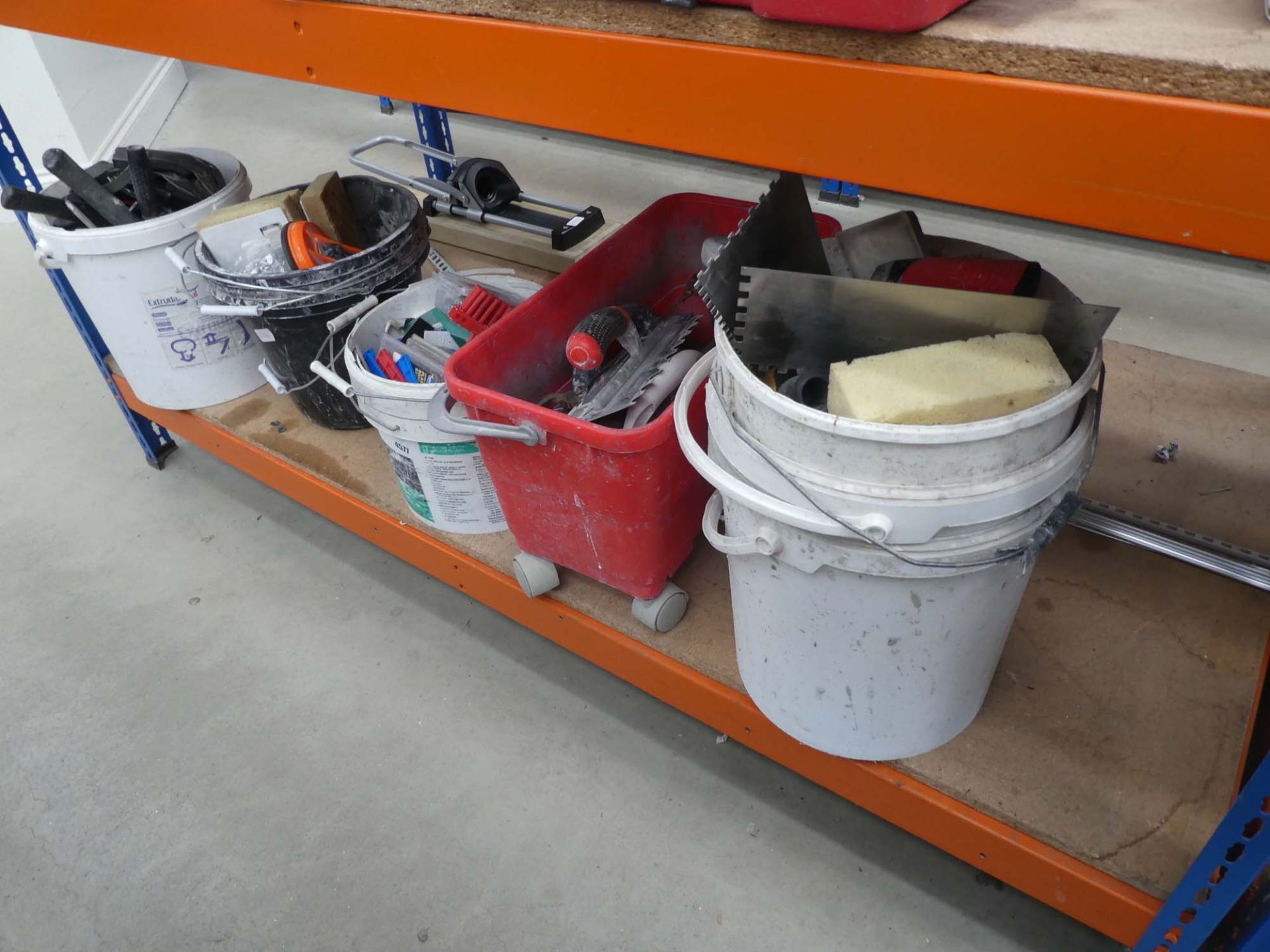 Large underbay of tilers accessories to inc. floats, trowels, sponges, scrapers, buckets, etc