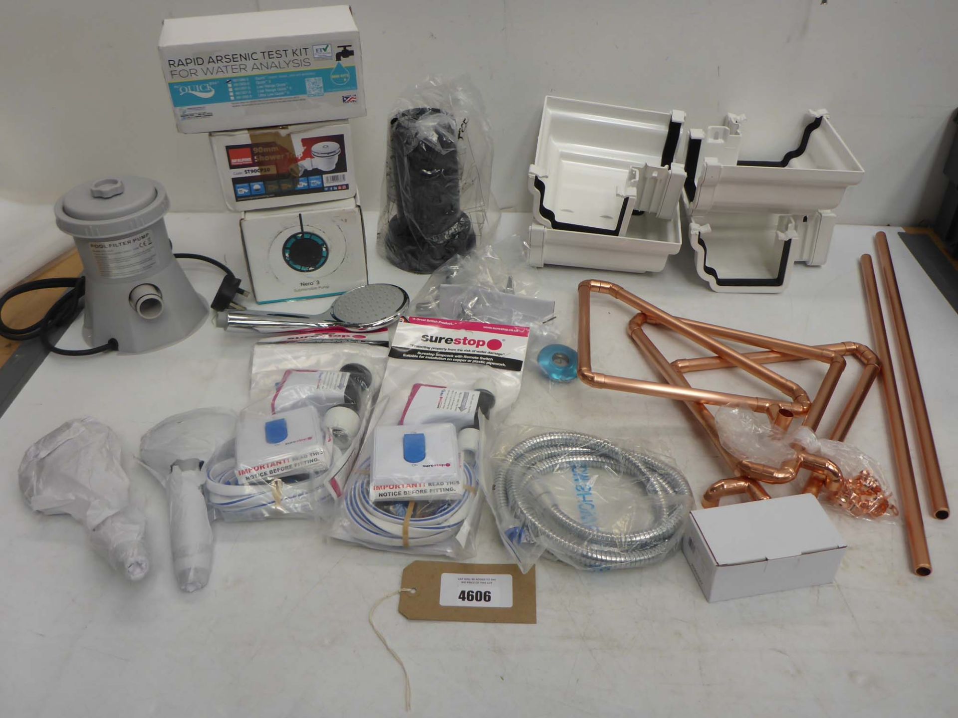 Pool filter pump, submersible pump, shower head, hose, trap, Sure Stop sets, copper pipe, gutter