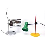 An adjustable desk lamp in red, yellow, green and blue,