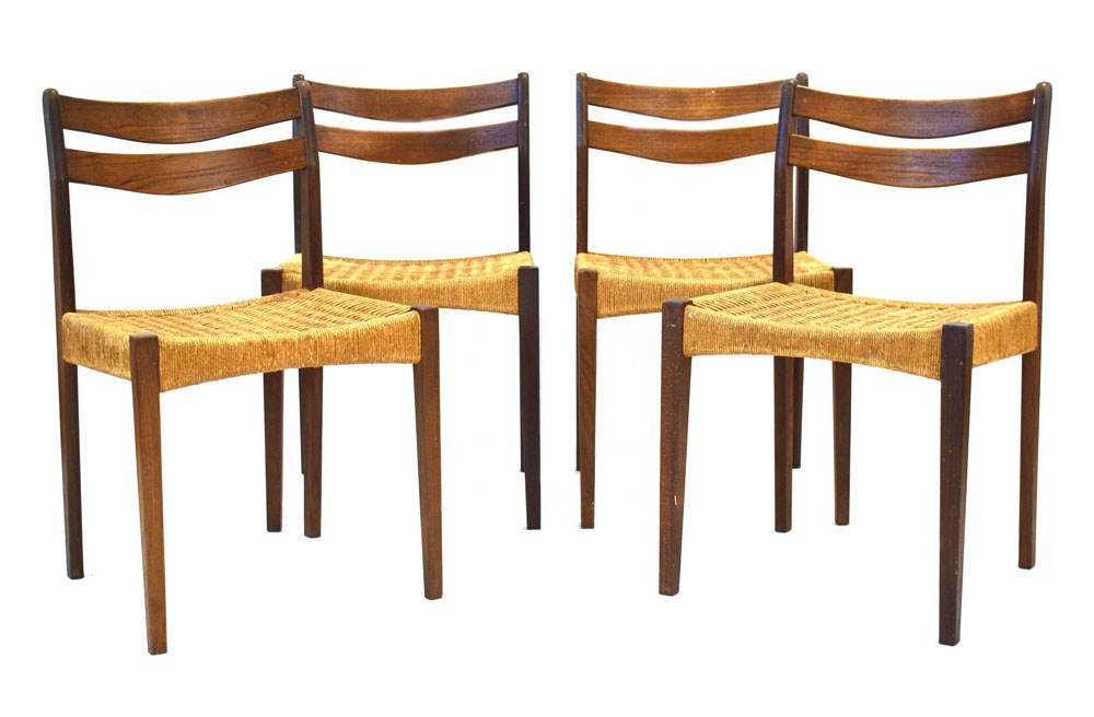 Arne Hovmand Olsen for Mogens Kold, a set of four teak and seagrass dining chairs,