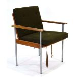 A 1950/60's reception chair with loose green button upholstery, beech arms and an aluminum frame,