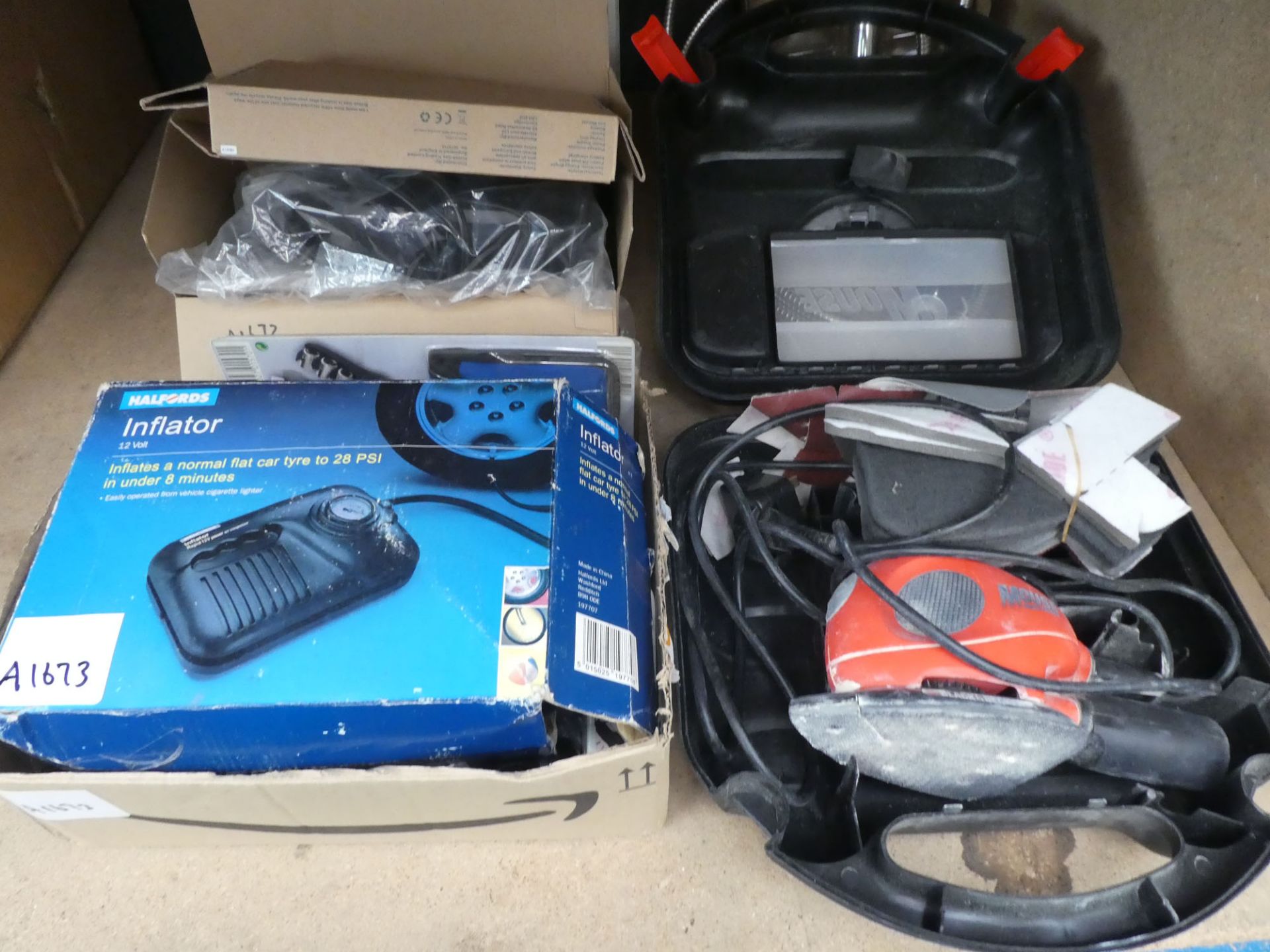 Black and Decker mouse sander, a Halfords tyre inflator, bike parts, telephones, cabling and gas