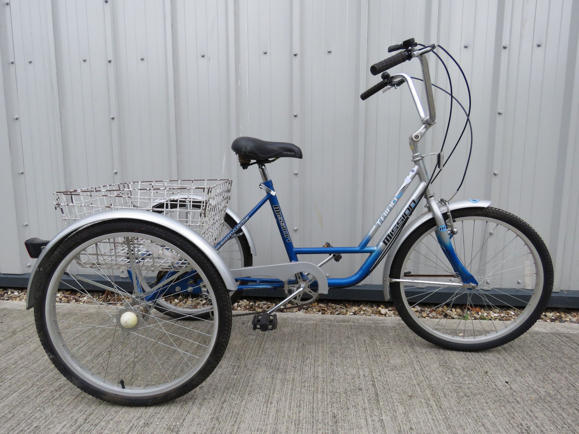 Mission tricycle in silver and blue with carry basket