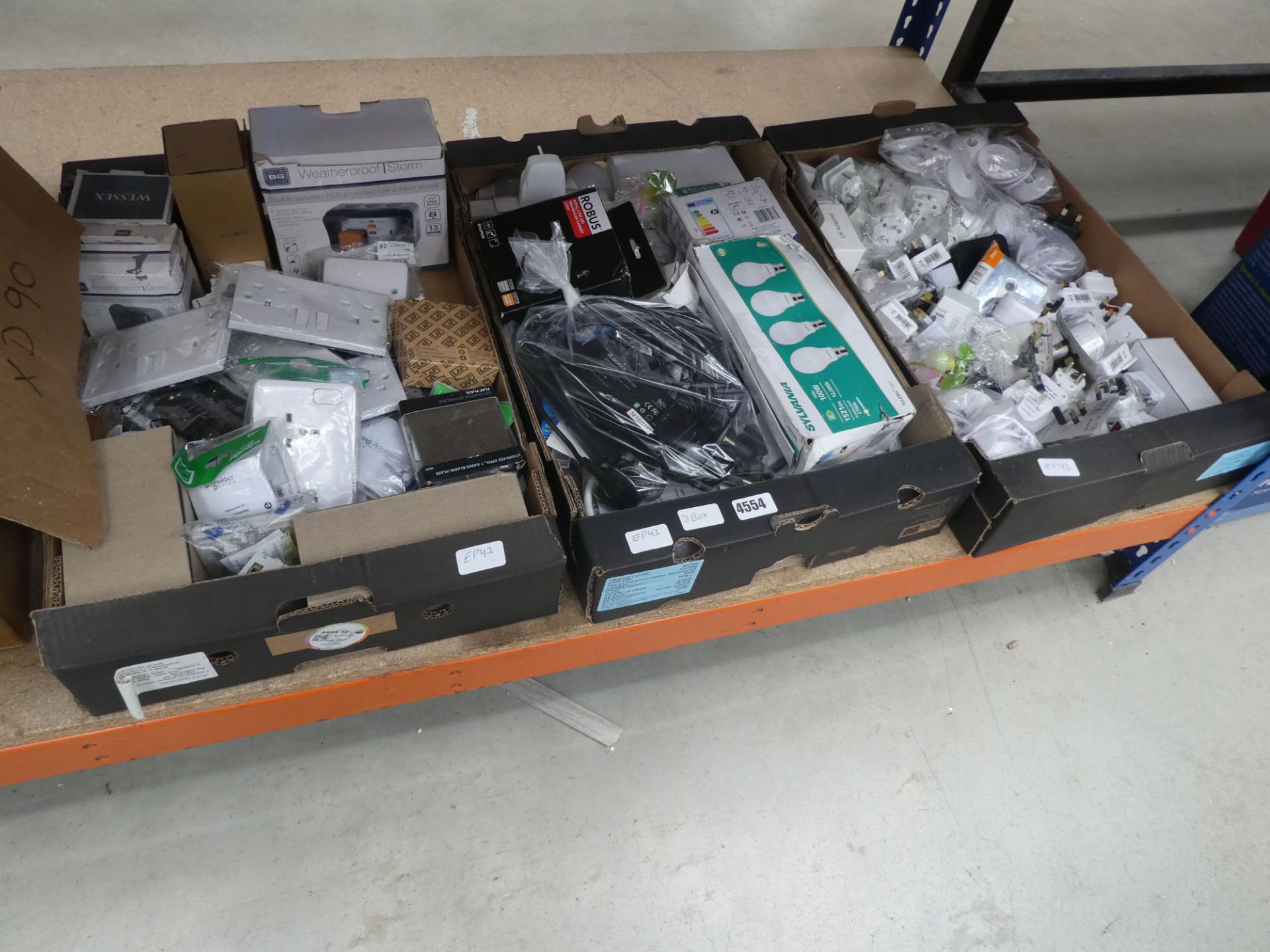 Three boxes of assorted electrical items to include plugs, bulbs, sockets