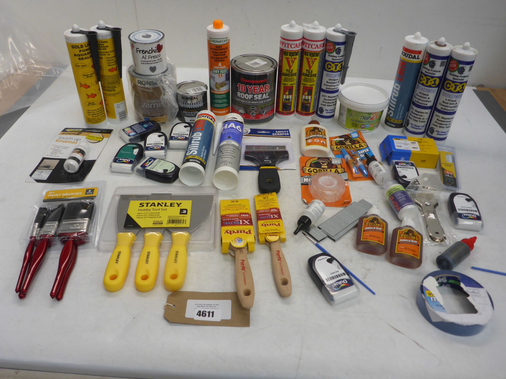 Varnish, paint, tile adhesive, sealer, paint brushes, scrapers, Gorilla glue and DIY accessories