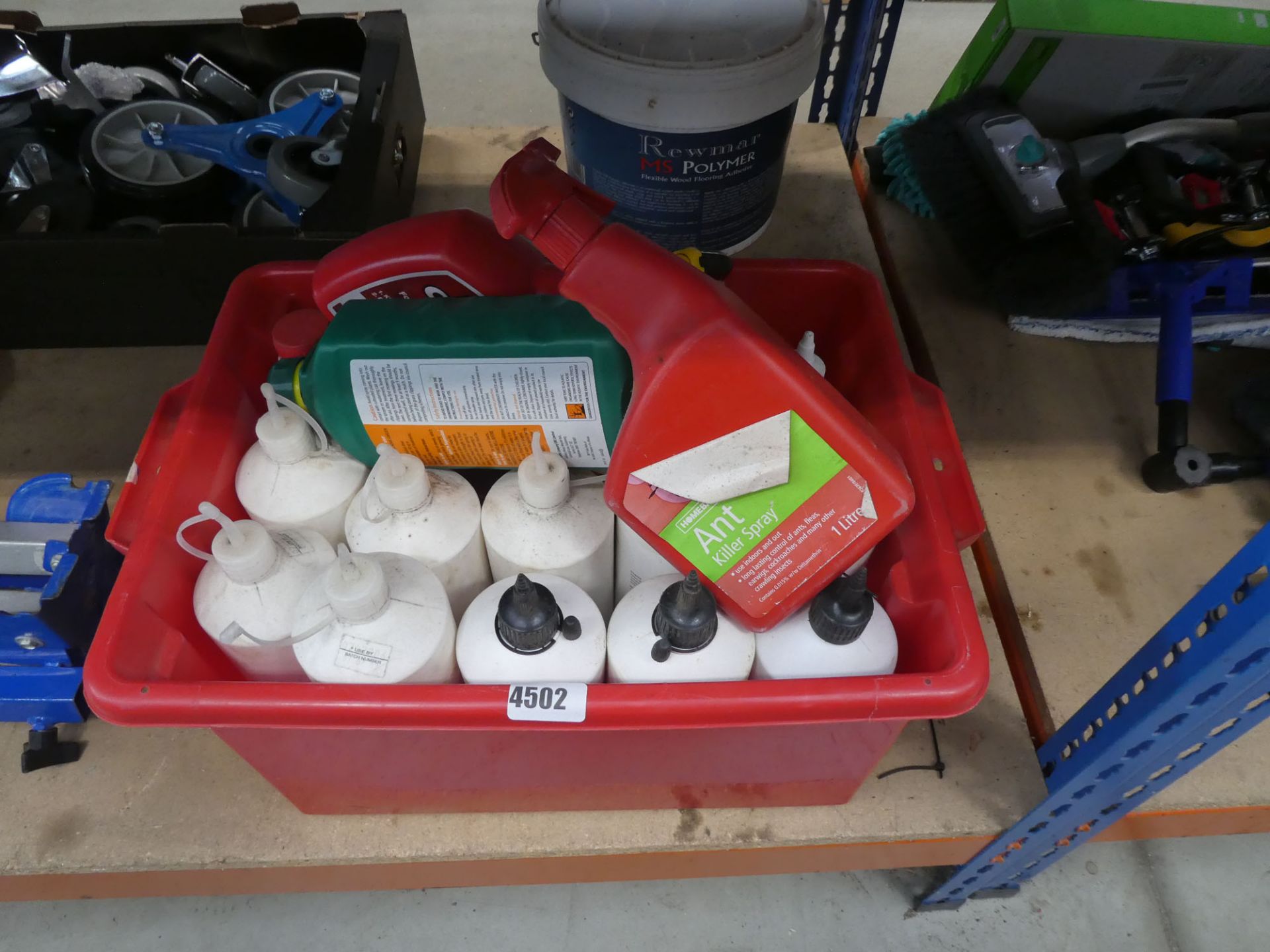 Box of ant killer spray, water resistant wood glue