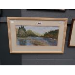 Watercolour of lake with woodland and mountains