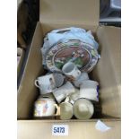 Box containing Doulton character plates and commemorative mugs