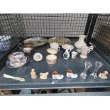 Cage with collectors plates, Wade Whimsies figures plus miniature cups and saucers and other