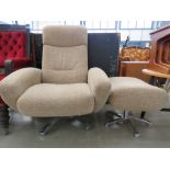 1980's swivel oatmeal fabric armchair with matching footstool