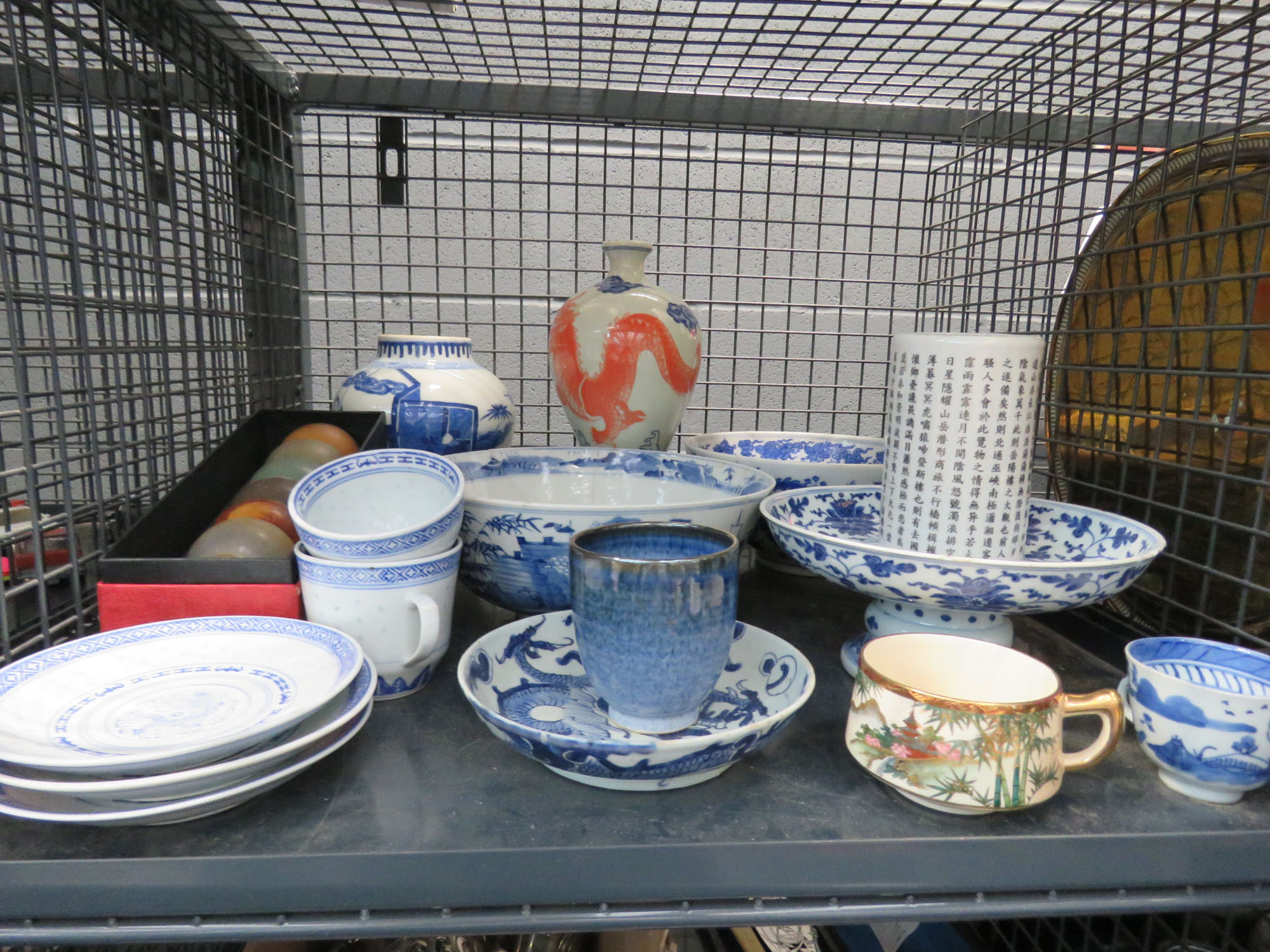 Cage with a qty of oriental ceramics to inc. bowls, vases and cups