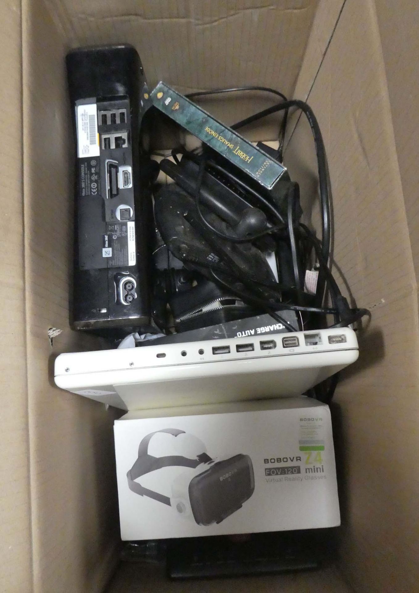 Box containing various loose electrical items , X-Box system, Apple laptop and other items for